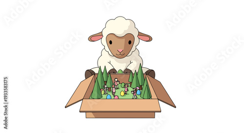 Cartoon sheep looks over a miniature easter egg hunt in a cardboard box featuring trees and people collecting eggs in this playful illustration