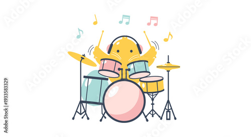 Cartoon yellow monster playing a pink drum set surrounded by colorful music notes in a vector illustration style