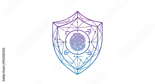 Biometric Security Shield with Fingerprint Scan and Polygonal Wireframe Mesh isolated on White