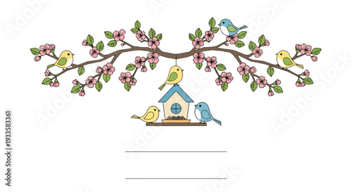 Charming birdhouse illustration with cherry blossom branches and birds in springtime creating a whimsical nature themed design for greeting cards and invitations