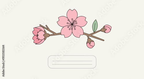 Charming blossom branch illustration featuring delicate pink cherry flowers and buds resting above a label area for personalized notes