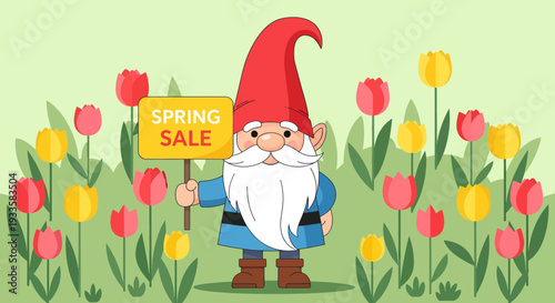 Cheerful gnome holding spring sale sign in tulip flower garden illustration; festive seasonal promotion graphic for springtime holiday decor