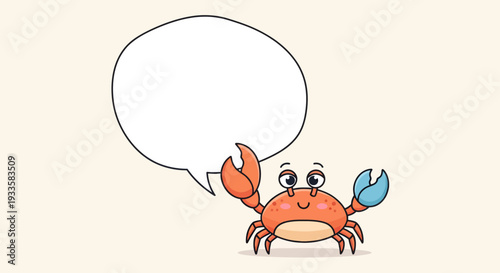 Cheerful orange crab illustration with speech bubble for custom text; cute crustacean cartoon character holding up claw for message template