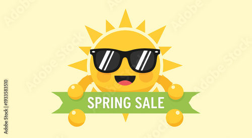 Cheerful sun character wearing sunglasses holding Spring Sale banner illustration on bright yellow background for advertising