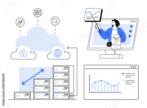 Cloud computing concept. Cloud computing connects storage, data management, and analytics for efficiency. Cloud computing supports online education, IT, business analysis, and digital security