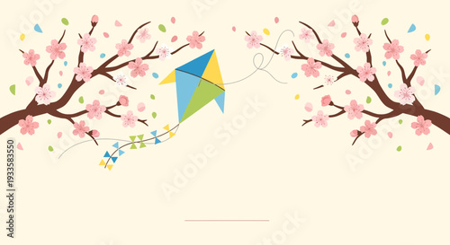 Cherry blossom branches framing a colorful kite with a geometric origami design fluttering in a spring breeze perfect for springtime events