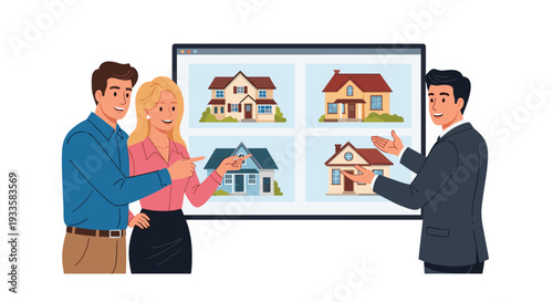 A smiling real estate agent shows house options on a large screen to a happy couple looking to buy a new home.