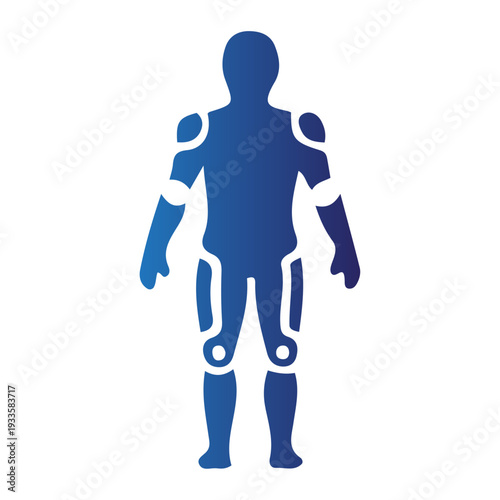 Blue bionic exoskeleton suit, depicting a futuristic anatomical humanoid robot outline against a white background, conveying technological advancement and human augmentation