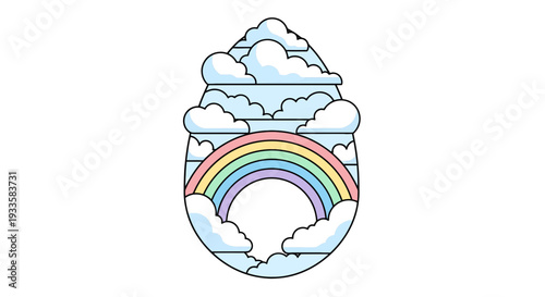 Colorful cloudscape and rainbow illustration inside raindrop shape; sky landscape for decorative design element; cheerful vector art