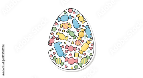 Colorful Easter egg filled with candies wrapped sweets and geometric shapes in a cute cartoon style design for seasonal celebrations