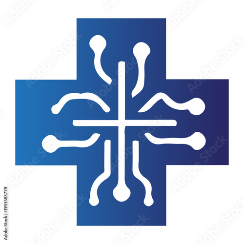 Conceptual bionic anatomy design digital circuits within a medical cross, symbolizing the future of integrated health technology and advanced biological systems