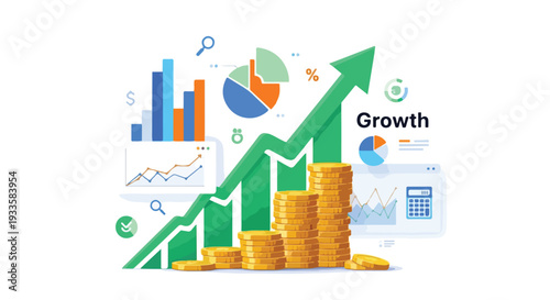 Business Growth and Financial Success Illustration with Rising Green Arrow Gold Coins and Data Charts