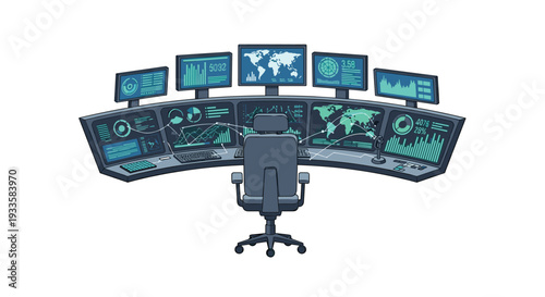 A curved control desk with multiple large monitors displays charts, maps, and data, viewed from behind an office chair.