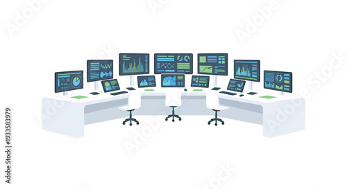 A sleek, curved control room desk with numerous computer monitors displaying complex data, charts, and graphs, accompanied by three office chairs.