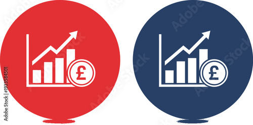 Financial growth with bar graphs and pound symbol in red and blue circles