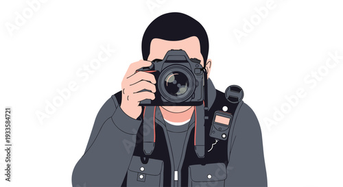 A professional male photographer wearing a dark vest and holding a DSLR camera equipped with a flash unit is actively taking a picture.
