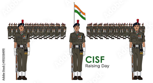 Illustration of Indian CISF soldiers in uniform standing at attention during Parade Ceremony on CISF Raising Day, with national flag and troops in formation, conveying patriotism and
