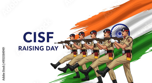 Illustration of Indian CISF soldiers marching in parade on CISF Raising Day, with the Indian flag waving in the background, symbolizing national security and patriotism.