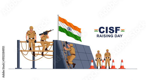 Illustration of CISF Raising Day celebration with Indian paramilitary force personnel in action on March 10, showcasing discipline and patriotism.