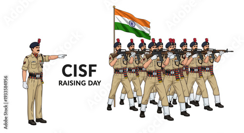 Illustration of CISF Raising Day parade ceremony with soldiers marching and saluting in Indian uniform, holding guns and flag, symbolizing patriotism and national security on March 10.