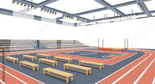 An empty indoor sports arena features a running track, a central basketball court, and rows of wooden spectator benches under bright overhead lights.