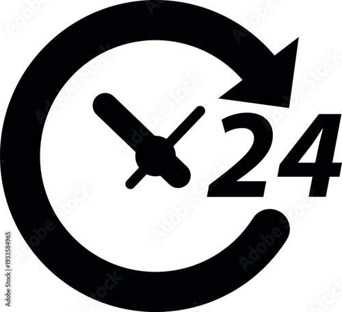 24-Hour Time Service: A sleek, modern clock face encircled by a looping arrow, with a bold 24 numeral, symbolizes constant availability, round-the-clock service, and unwavering commitment.