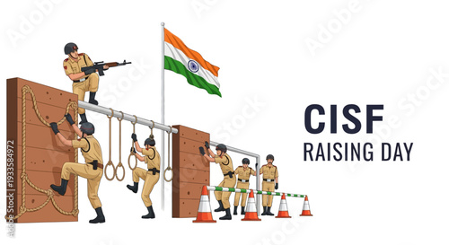 Illustration of Indian CISF soldiers in tactical gear performing obstacle course on CISF Raising Day with a parade ceremony and flag