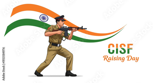 Illustration of a CISF soldier in action with a rifle on CISF Raising Day, a paramilitary force ensuring national security and patriotism.