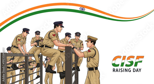 Illustration of CISF soldiers in tan uniforms climbing a fence on CISF Raising Day, with Indian flag colors and logo, symbolizing patriotism and national security.