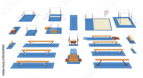 A comprehensive collection of diverse gymnastics equipment including balance beams, uneven bars, vaulting boxes, and landing mats is neatly arranged on a white background.