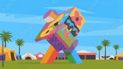 Large colorful kite flying in a clear blue sky with palm trees and festival tents in the background on a sunny day outdoors