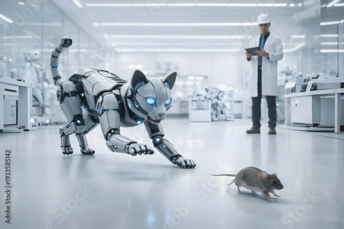 Advanced Robotic Cat with Glowing Eyes in Modern Laboratory Testing Artificial Intelligence Concept