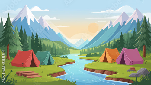 Colorful summer camp scene with tents by serene river and majestic mountains at sunset