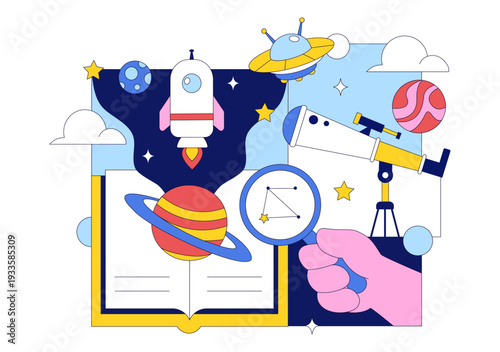 Astronomy Vector Illustration Featuring People Observing a Starry Night Sky with Galaxies and Planets in Outer Space Through Telescopes