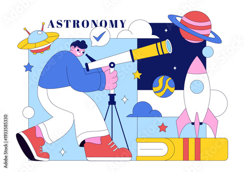 Astronomy Vector Illustration Featuring People Observing a Starry Night Sky with Galaxies and Planets in Outer Space Through Telescopes