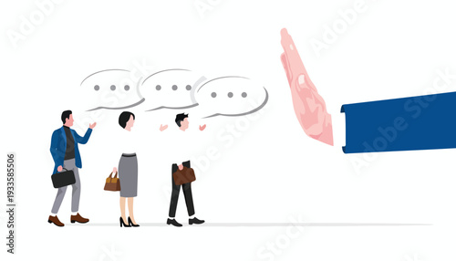 Business People with Speech Bubbles Blocked by a Large Hand Stop Gesture Illustration