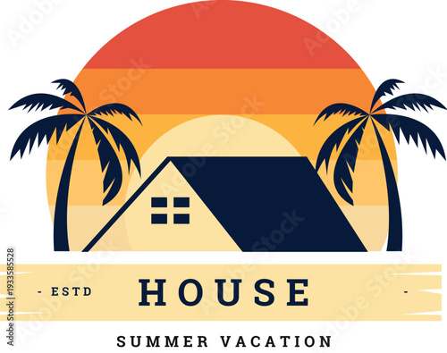 Tropical Home: An inviting illustration of a coastal residence, with palm trees framing the setting sun, evoking the essence of a perfect summer vacation and relaxation.