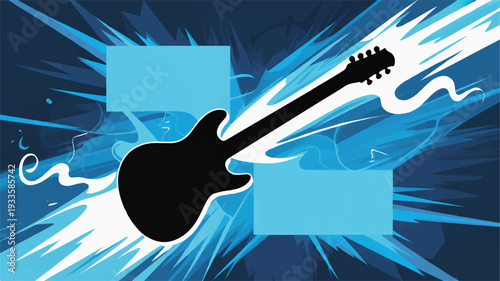 Electric guitar silhouette with dynamic abstract background and white smoke trails for music or rock concert poster design