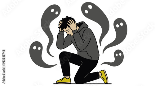Flat Illustration of Man Haunted by Ghostly Figures of Anxiety