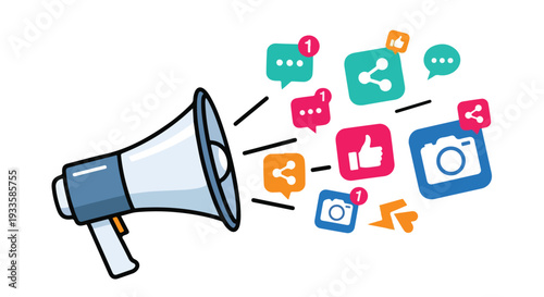 Social Media Marketing Concept with Megaphone and Colorful Icons Isolated on White