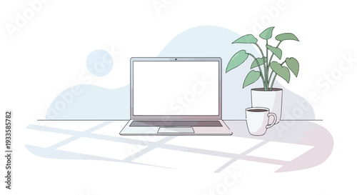 Minimalist Laptop Mockup Illustration with Potted Plant and Coffee Mug on Desk