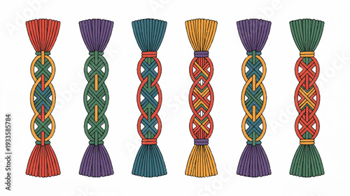 Colorful handmade friendship bracelets with intricate braids and tassels on white background