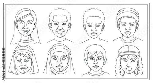 Diverse group of people with different ethnicities and headwear smiling and looking directly at the viewer on Zero Discrimination Day against a clean white background with a minimalist line