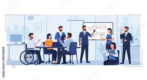 Diverse group of business professionals collaborating in an office, promoting equality and inclusion on Zero Discrimination Day with a whiteboard presentation