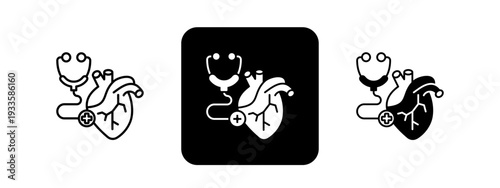 Cardiology  Solid color and black line drawing vector illustration set