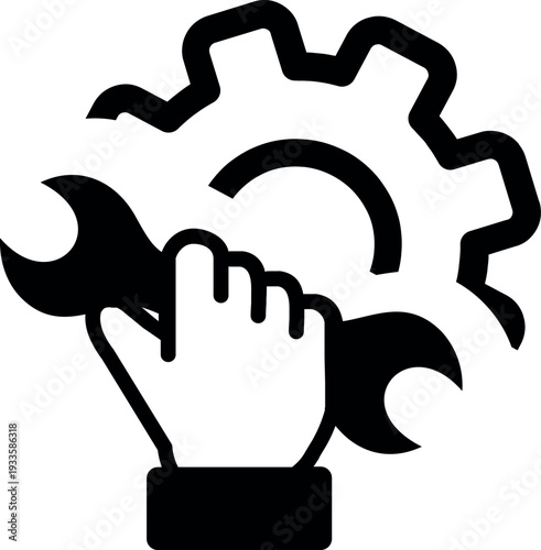 Mechanical Emblem: A stylized emblem of a hand firmly gripping a wrench alongside a cogwheel, embodying the essence of industry, repair, and technical proficiency.