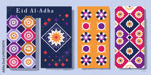 Colorful eid al adha patterned book covers displayed in a row