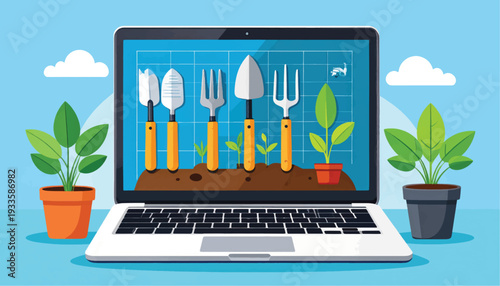 Gardening Tools on Laptop Screen Display.
