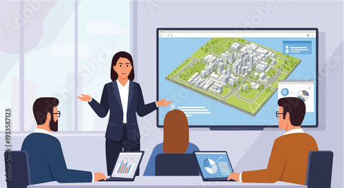 Business professionals collaborating in a meeting room presenting a smart city development plan on a large screen