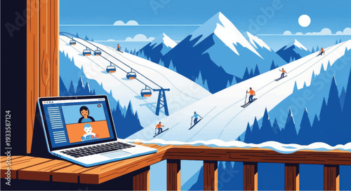 Laptop on wooden deck with snowy mountains.